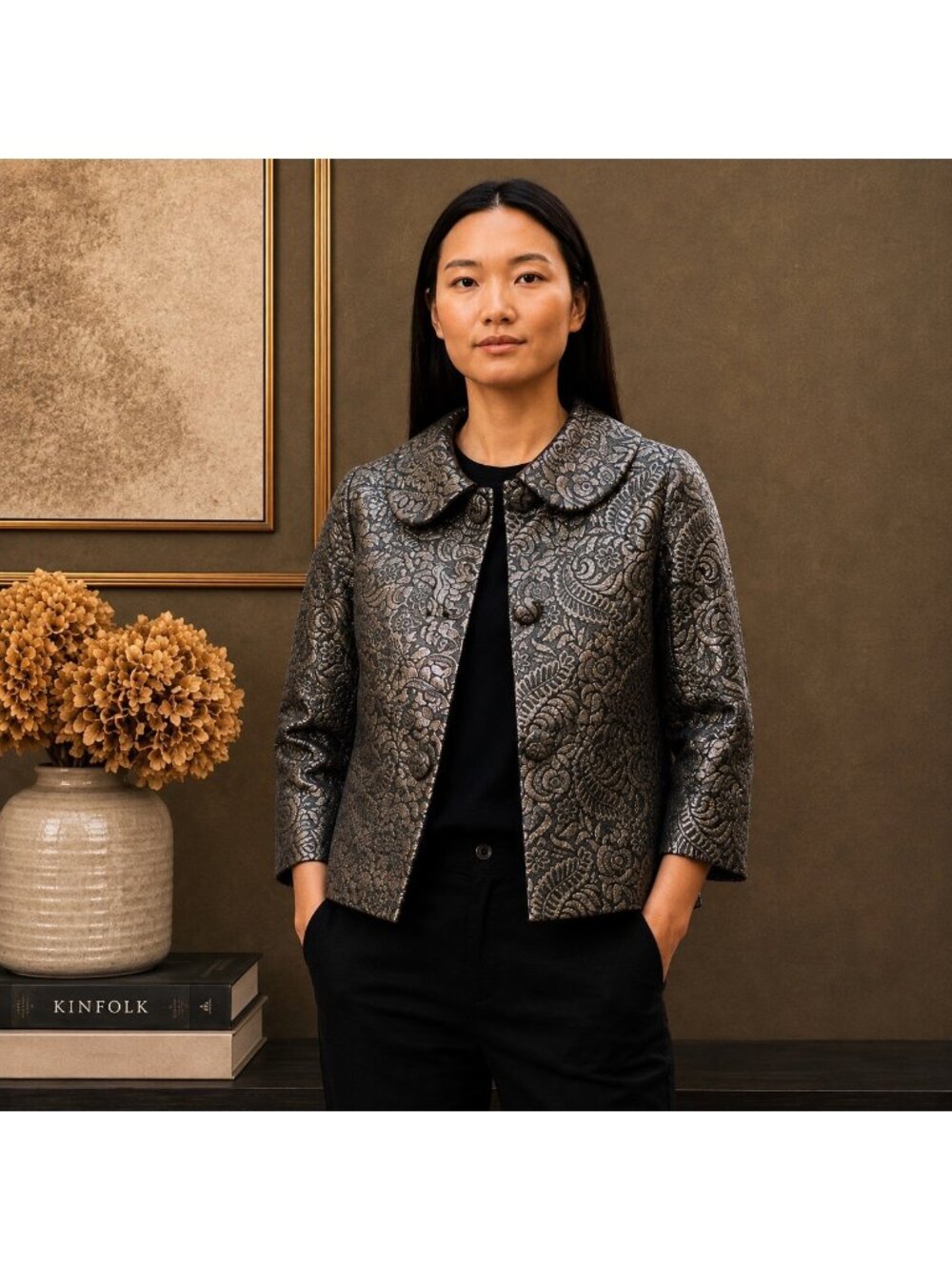 Banana Republic Metallic Silk Brocade Jacket Cropped Floral Size M